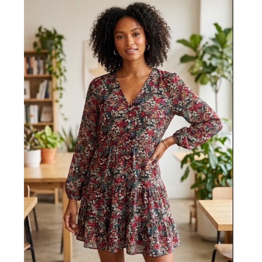 ENTRO | Floral V Neck Button Front Long Balloon Sleeve Chiffon Mini Dress, S